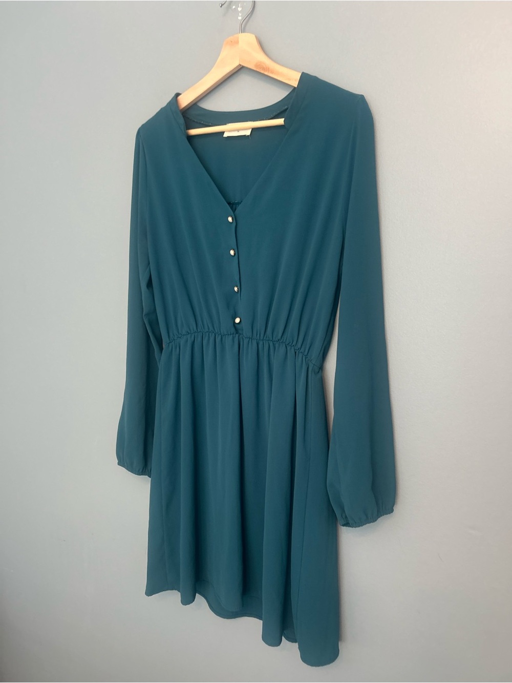 Everly Women’s Size Large Teal Blue Long Sleeve Button Front Mini Dress